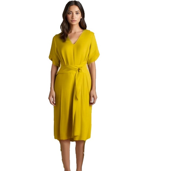 COS Dresses & Skirts - Cos chartreuse midi dress with a tie waist and short sleeves size 10 shirt dress